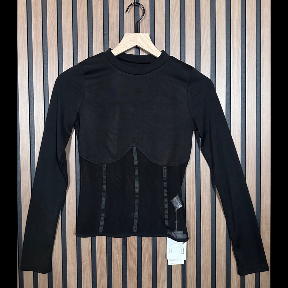 Commence Top Medium Womens Black Mesh Long Sleeve Vegan Leather Trim